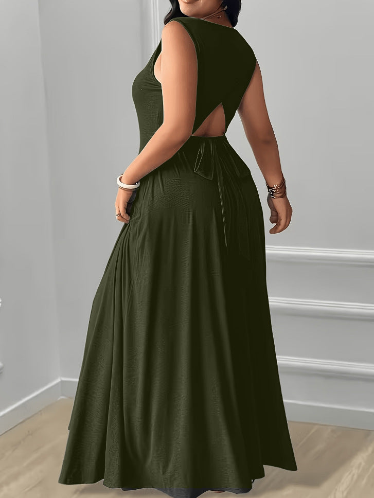 XL-5XL Elegant Round Neck Back Lace-Up Side Pocket Solid Color Plus Size Women's Dress
