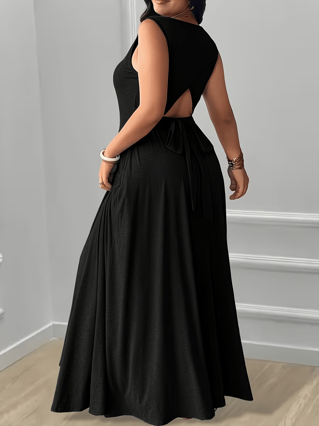 XL-5XL Elegant Round Neck Back Lace-Up Side Pocket Solid Color Plus Size Women's Dress