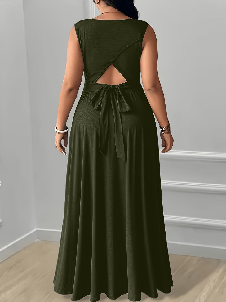 XL-5XL Elegant Round Neck Back Lace-Up Side Pocket Solid Color Plus Size Women's Dress
