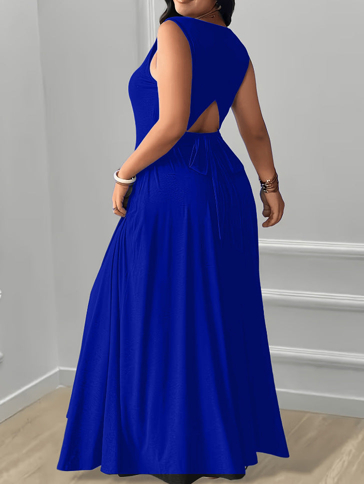 XL-5XL Elegant Round Neck Back Lace-Up Side Pocket Solid Color Plus Size Women's Dress