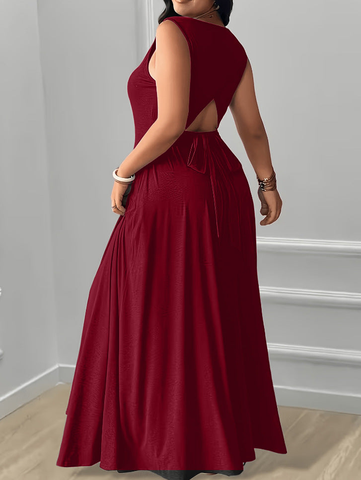 XL-5XL Elegant Round Neck Back Lace-Up Side Pocket Solid Color Plus Size Women's Dress