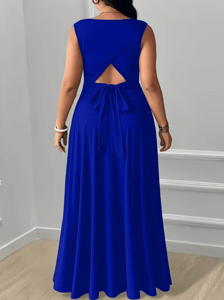 XL-5XL Elegant Round Neck Back Lace-Up Side Pocket Solid Color Plus Size Women's Dress