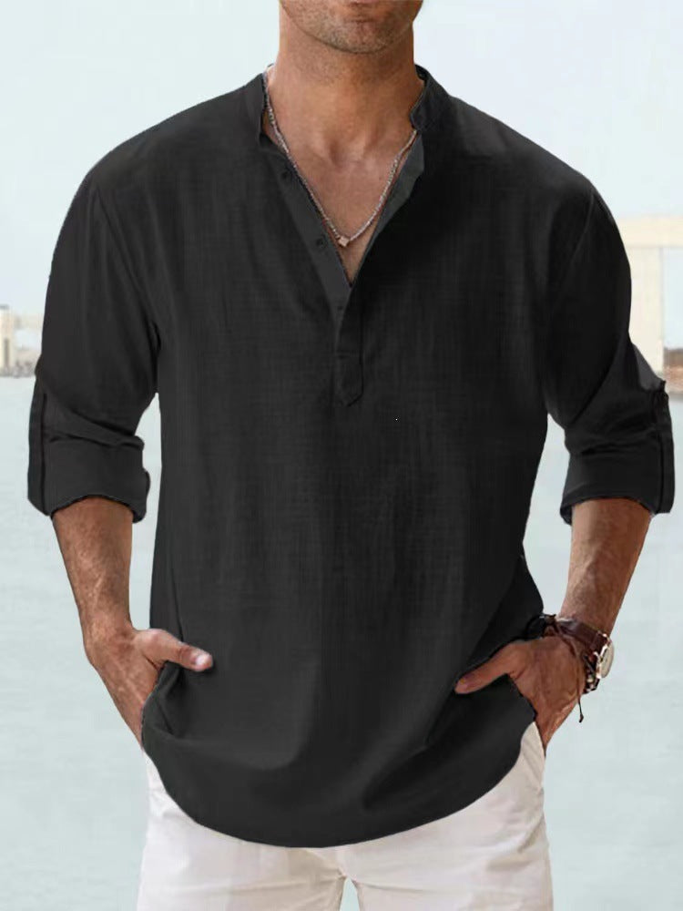 S-6XL Men’s Plain Stand-up Collar Long-sleeved Shirt