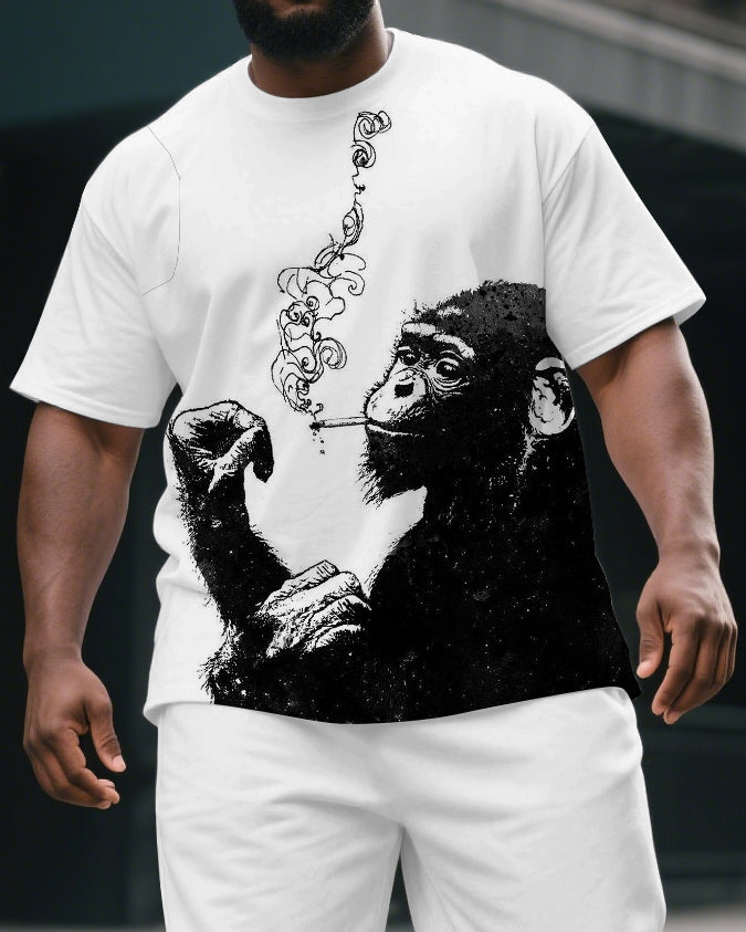 Men's Simple Sketch Gorillas Smoking Print Big & Tall Outdoor Short-Sleeve T-shirt & Short Set