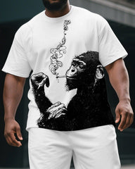 Men's Simple Sketch Gorillas Smoking Print Big & Tall Outdoor Short-Sleeve T-shirt & Short Set