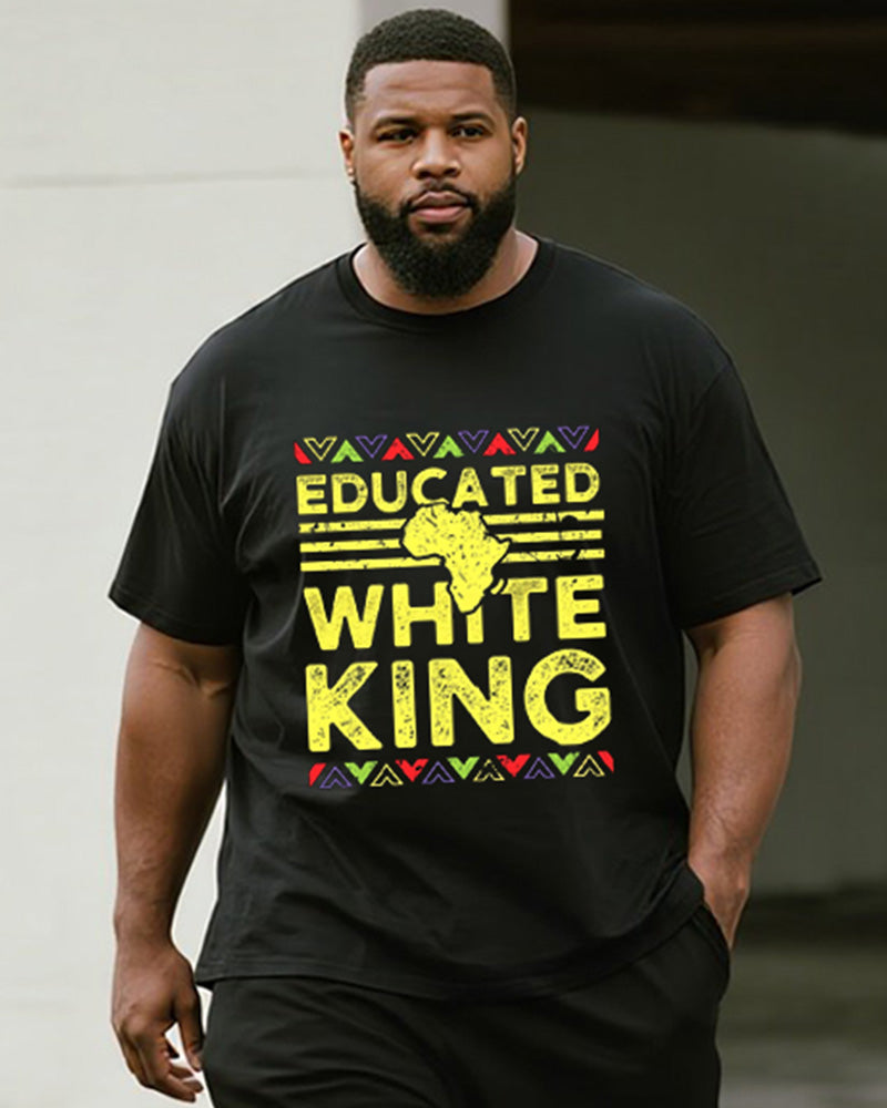 Big & Tall Men's Colorful Geometric White King Alphabet Print Round Neck Short Sleeve T-Shirt Shorts Suit