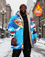 Big & Tall Men's Blue Santa Claus Surf Print Velvet Thickened Long Hooded Coat