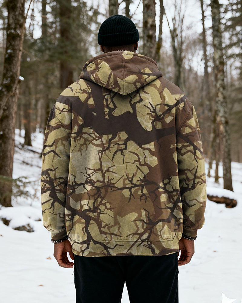 Big & Tall Men's Hunting Style Branch Camouflage Print Velvet Thickened Zipper Cardigan Hoodie