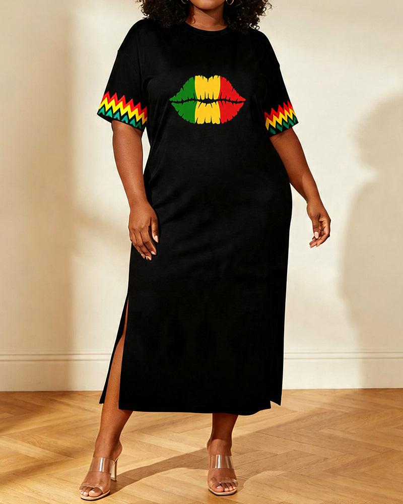 Women's Large Size Red Yellow Green Lips Wavy Print Side Slit Short Sleeve Dress