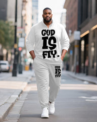 Big & Tall Men's GOD IS FIY Letter Print POLO Collar Zipper Long Sleeve Pants Two-Piece Set