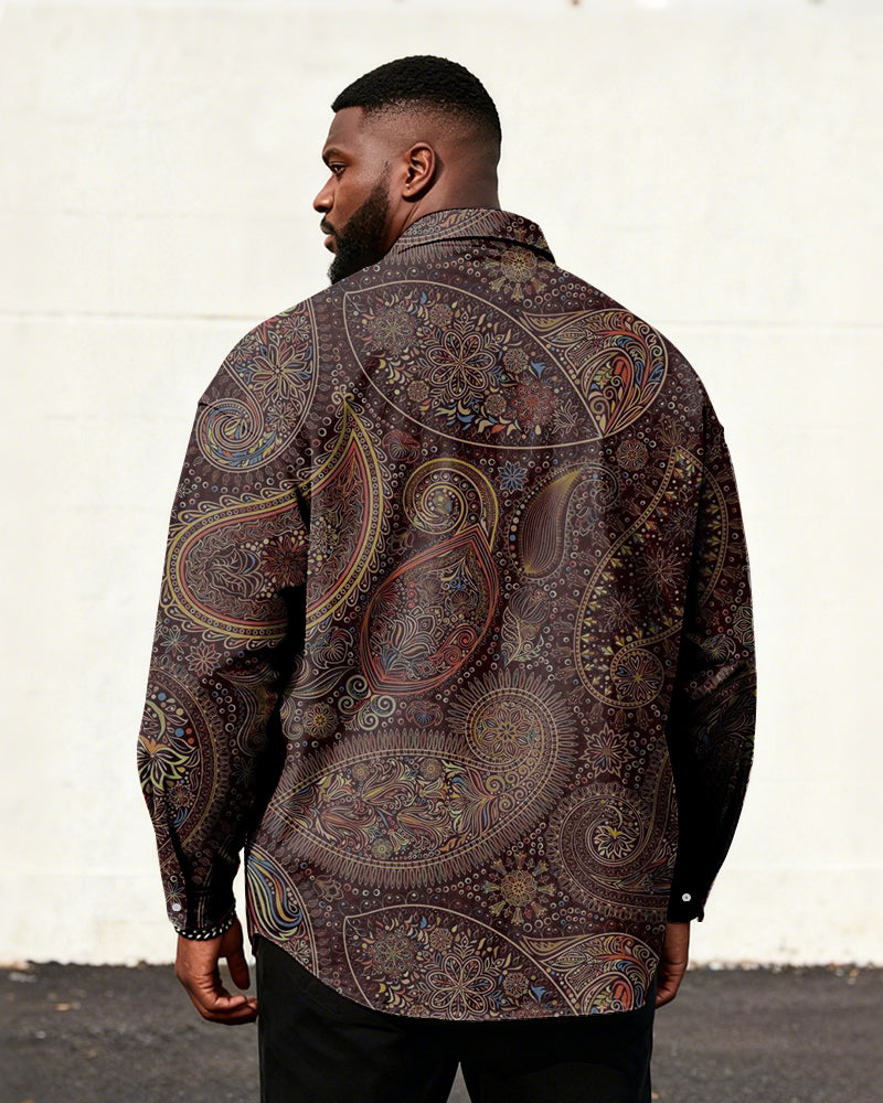 Big & Tall Men's Vintage Paisley Wine Red Print Long Sleeve Shirt