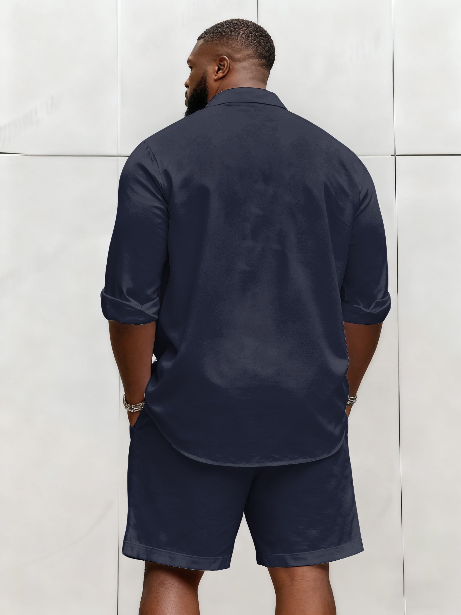 Big & Tall Men's Business Solid Color Long Sleeve Shirt Shorts Set