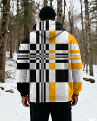 Big & Tall Men's Yellow Black And White Geometric Check Contrast Printed Velvet Padded Zipper Hoodie