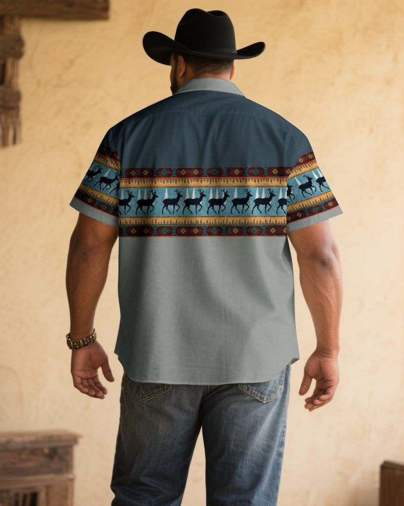 Men's Plus Size Grey & Blue Elk-Print Short Sleeve Shirt
