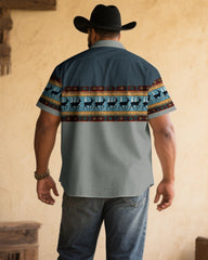 Men's Plus Size Grey & Blue Elk-Print Short Sleeve Shirt