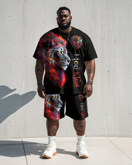 Men's Plus Size Street Red Lion Letter Print Short Sleeve T-Shirt Shorts Suit