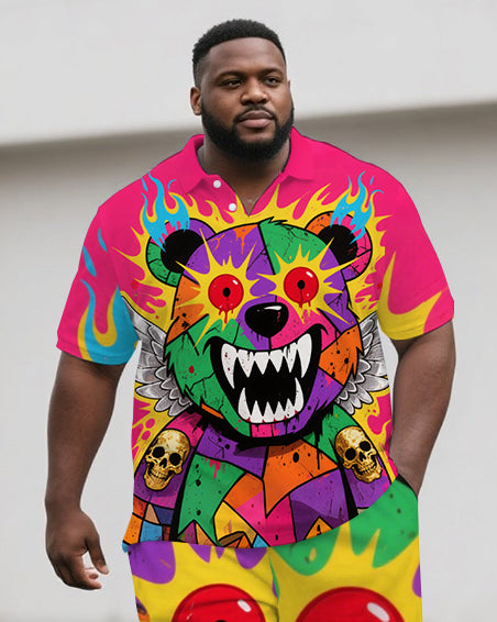 Big Men's Hip Hop Style Cartoon Bear Printed Casual Short-Sleeve Polo Shirt Shorts Set