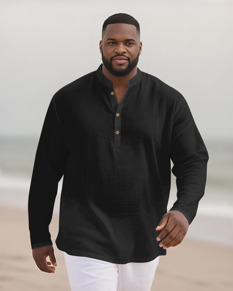 Big & Tall Men's Everyday Solid Color Bamboo Hemp Texture Henry Collar Long Sleeve Shirt