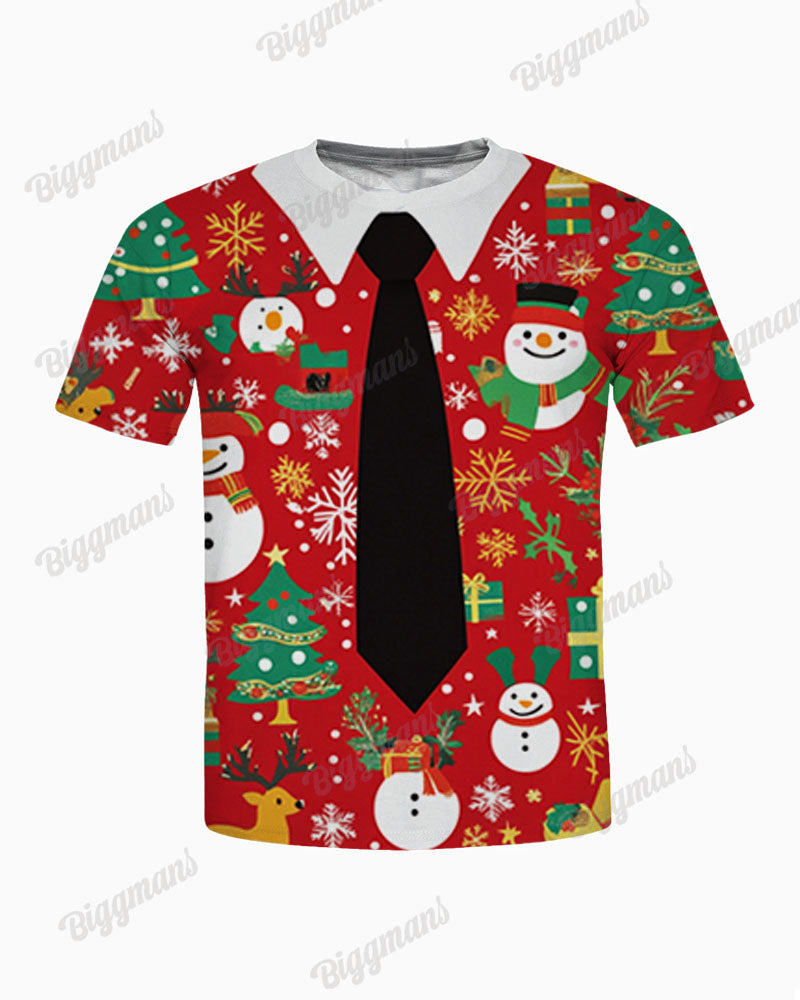 Men's Plus Size Christmas Snowman Elk Cartoon Tie Print T-Shirt Shorts Suit