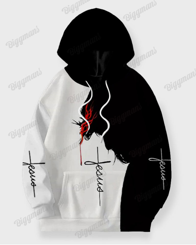 Men's Casual Name Of Jesus Cross Colorblock Print Big & Tall Hoodie Set