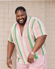 Big Man's Holiday Vacation/Casual Green Pink Striped Color Block Printing Short Sleeve Shirt Pink Shorts Suit