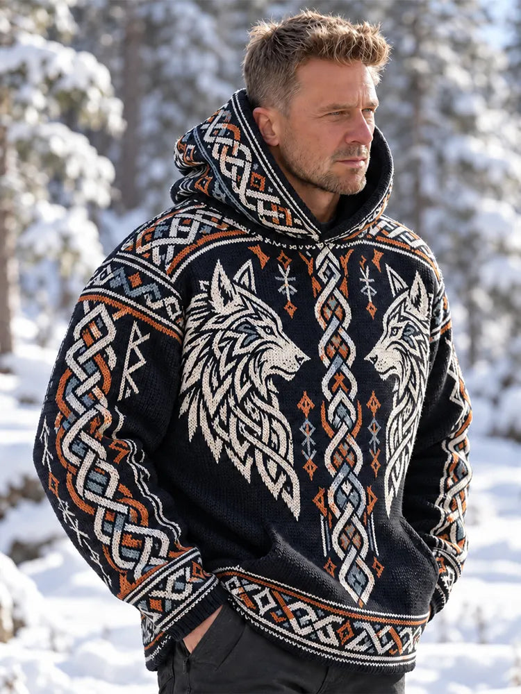 Men's Nordic Twin Wolves And Celtic Knotwork Hooded Knit Sweater