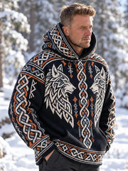 Men's Nordic Twin Wolves And Celtic Knotwork Hooded Knit Sweater