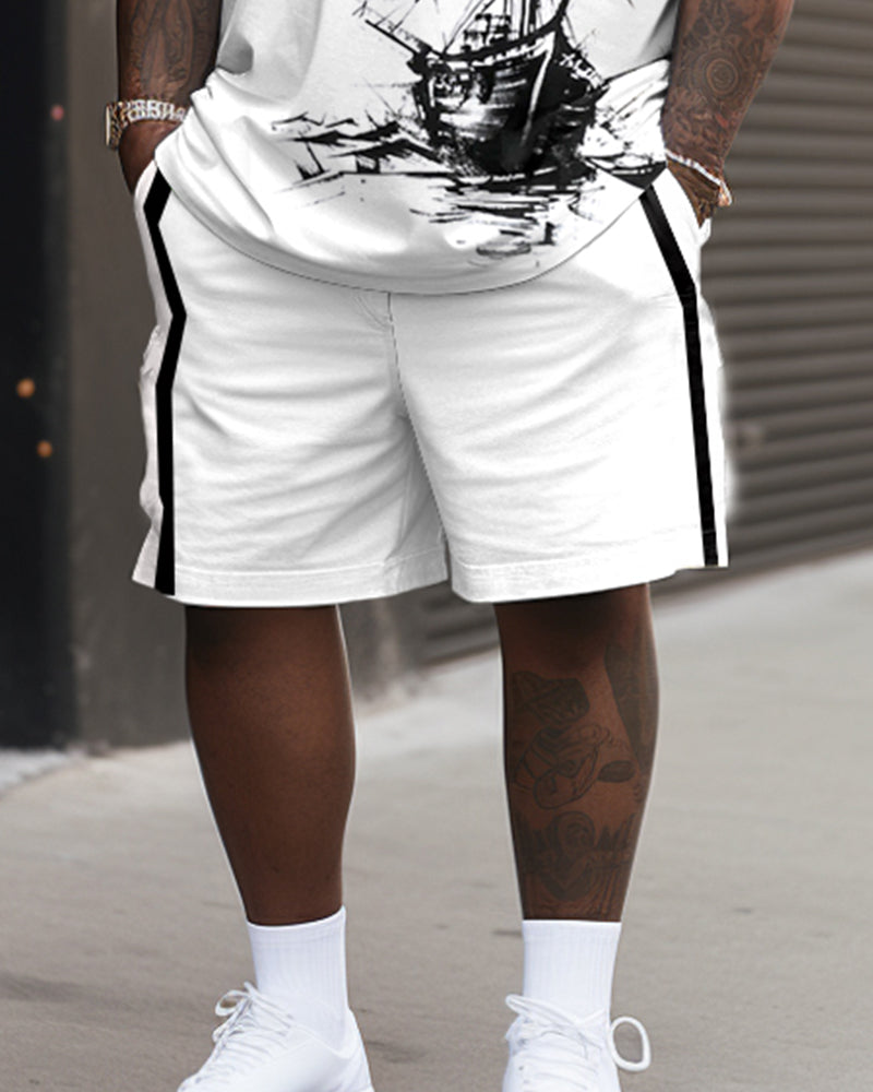 Simple Pen And Ink Sailboat Print T-shirt Shorts Suit Men's Plus Size