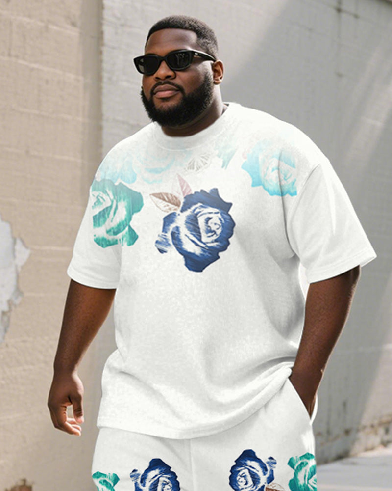 Men's Plus Size Street White Graffiti Rose Print Round Neck Short Sleeve T-Shirt Shorts Suit