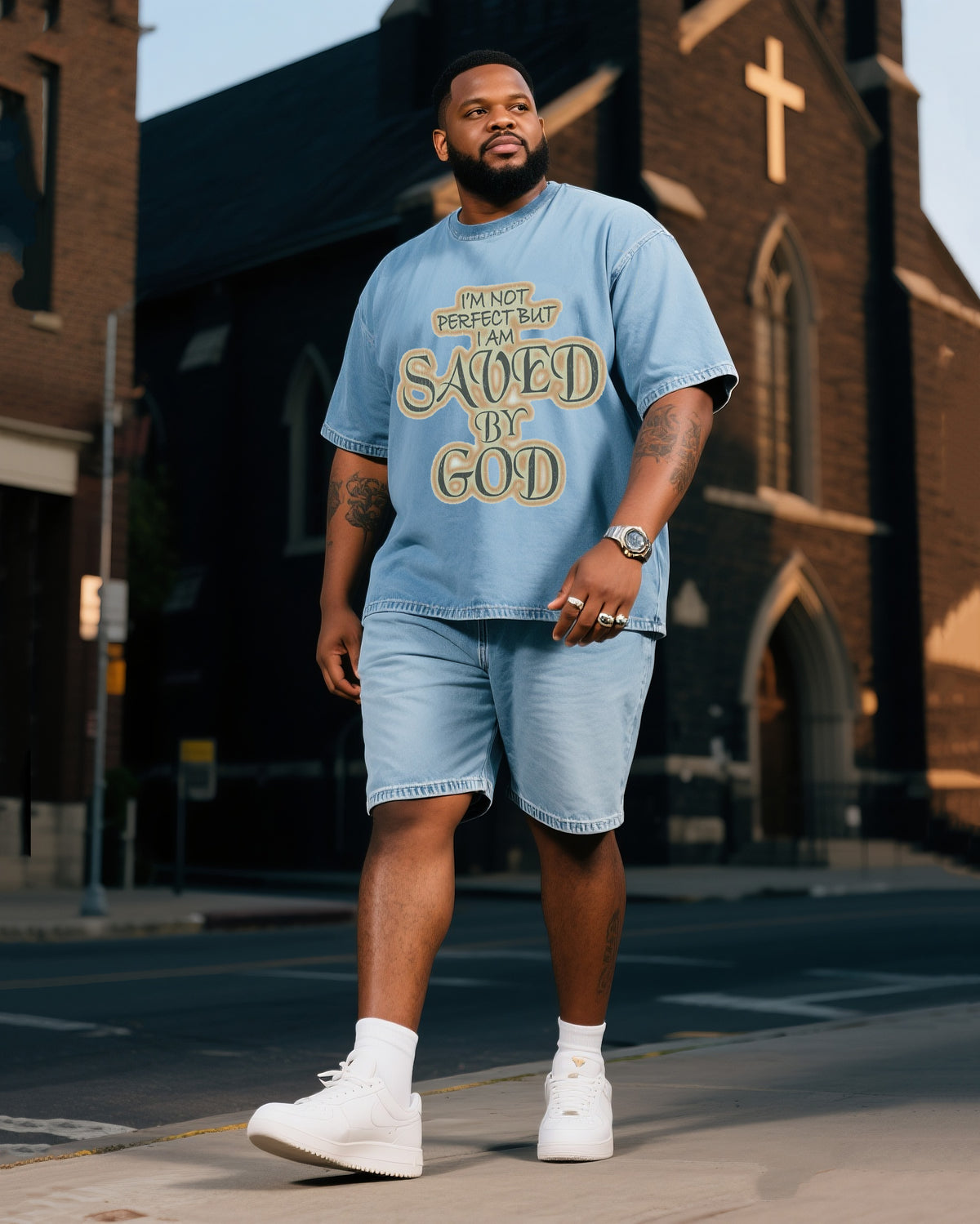 Plus Size Boy I'm Not Perfect But God Bless Me Short Sleeve Shorts Denim Suit