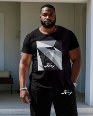 Men's Plus Size Black Chest Square Color Block Printed Short-sleeved T-shirt Trousers Suit