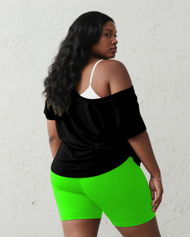 Women's Big & Tall Halloween Green Pumpkin Graffiti Print Short Sleeve Shorts Suit