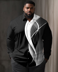 Big & Tall Men's Casual Simple Wavy Stripes Print Lapel Long Sleeve Shirt