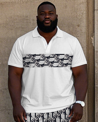 Big Men's Regular Geometric Pattern Letter Printed Short Sleeve Polo Shirt Shorts Set