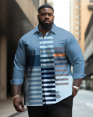 Big Guys Business Casual Classic Striped Plaid Lapel Long Sleeve Shirt