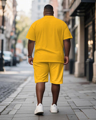 Men's Plus Size Yellow Hiphop Text Print Short Sleeve T-shirt Shorts Suit