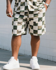 Big Man's Daily Leisure Outdoor Activities Square Puzzle Creative Camouflage Short Sleeve Shirt Shorts Suit