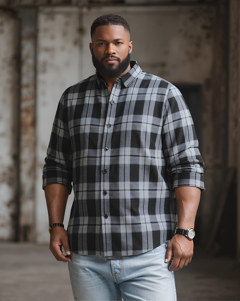 Big & Tall Men's Black-autumn/winter Commuter Plaid Flannel Fabric Long Sleeve Shirt