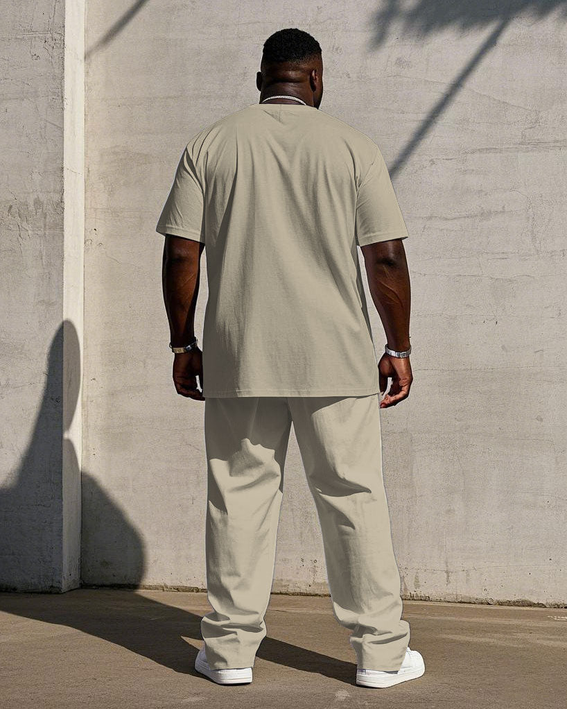 Men's Plus Size Casual Khaki & Test Colorblock "Respect" Chest Print Short Sleeve T-Shirt Trousers Suit