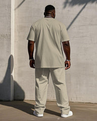 Men's Plus Size Casual Khaki & Test Colorblock "Respect" Chest Print Short Sleeve T-Shirt Trousers Suit