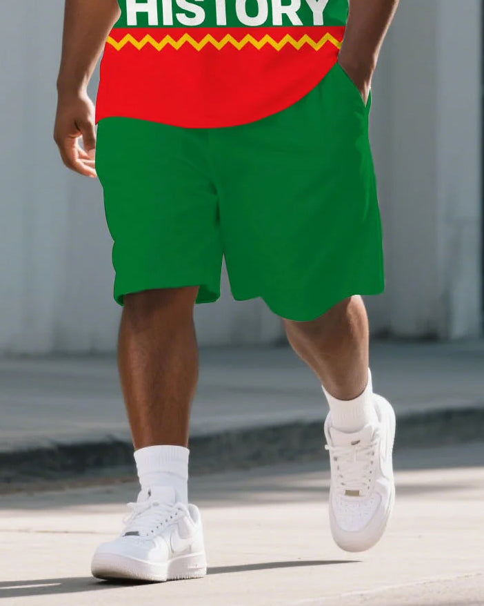 Big Men's Stripe Splicing Style BLACK HISTORY Juneteenth Theme Short Sleeve Polo Shirt Shorts Suit