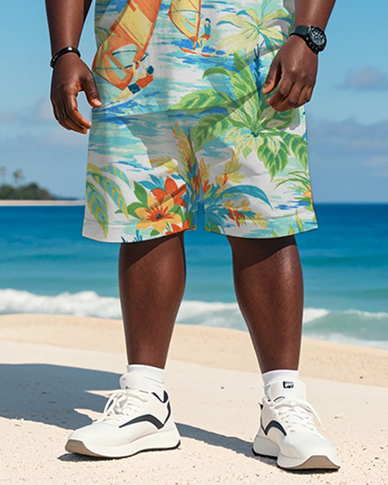 Big & Tall Men's Hawaiian Coconut Sailing Graffiti Print Crewneck Short Sleeve T-Shirt Shorts Suit