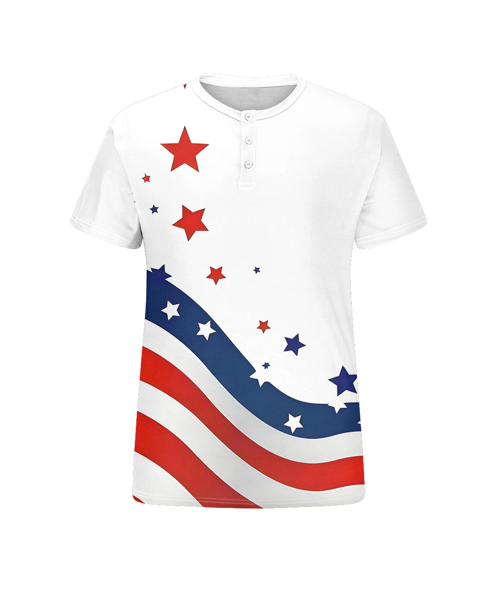 Men's Plus Size Independence Day Flag Wave Print Henley Collar Button Short Sleeve Tee