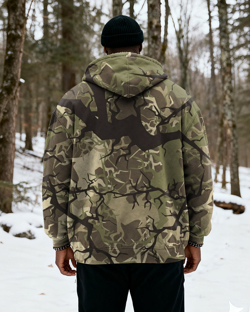 Big & Tall Men's Hunting Style Branch Camouflage Print Velvet Thickened Zipper Cardigan Hoodie