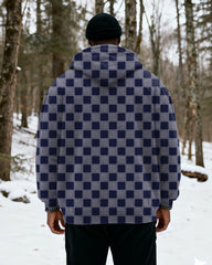 Big & Tall Men's Navy Gray Plaid Printed Velvet Padded Zipper Hoodie