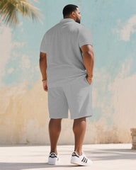Big & Tall Men's Summer Grey Business Small Label Printed Polo Short Sleeve Shirt Shorts Suit