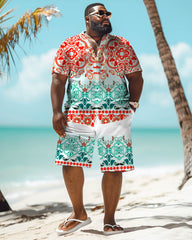 Men's Big Size Casual Floral Print Retro Short Sleeve Shirt Shorts Set