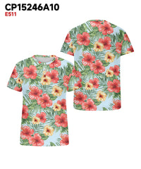 Men's Plus Size Hawaiian Blue Floral Print Henry Collar Button Short Sleeve Tee