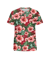 Men's Plus Size Hawaiian Red Floral Print Henry Collar Button Short Sleeve Tee