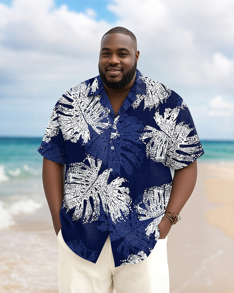 Men's Plus Size Hawaiian Blue Abstract Leaf Print Short Sleeve Slub Shirt
